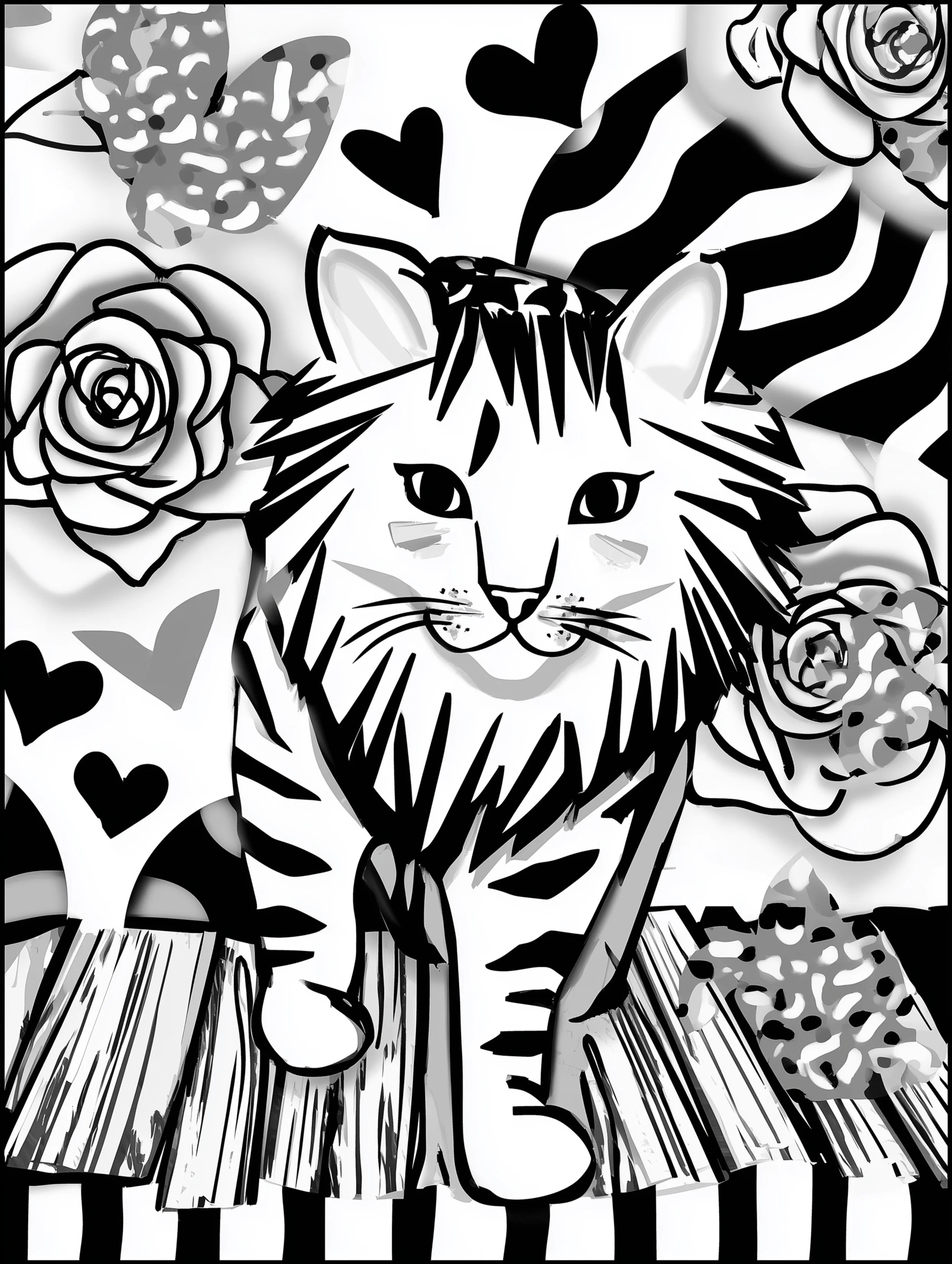 Free printable summer coloring page for adults featuring a cat walking outdoors